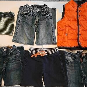 Mini Boden Kids Set with Orange Vest, Denim, Sweat Pants And Tee.